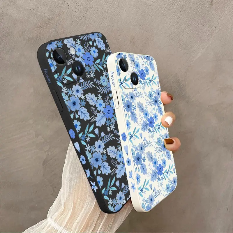 Blue Floral Silicone Phone Case For iPhone 14 15 12 11 13 Pro Max Mini 14 15 Plus 8 7 6 6S Plus X XR XS 14 15 Pro Cover