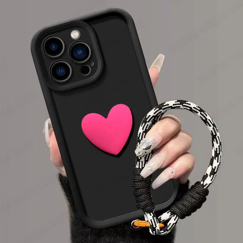 For Samsung S25 Ultra Case Galaxy S24 Plus S23 + S22 S24 Ultra S21 FE 5G S24FE Phone Case 3D Love Heart Hand Strap Cover