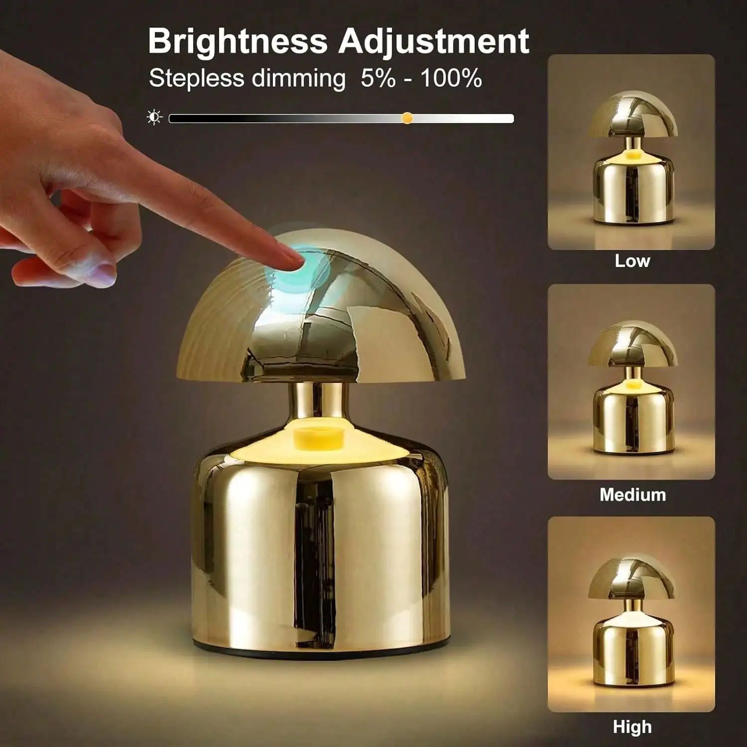 Lampada a fungo senza fili da 1 pezzo: controllo touch, dimmerabile, ricaricabile tramite USB, lampada da comodino/scrivania portatile