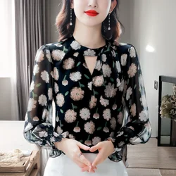 Women's Spring Autumn Pullover Crew Neck Hollow Out Chiffon Flower Petal Long Sleeve T-shirt Elegant Casual Fashion Stylish Tops