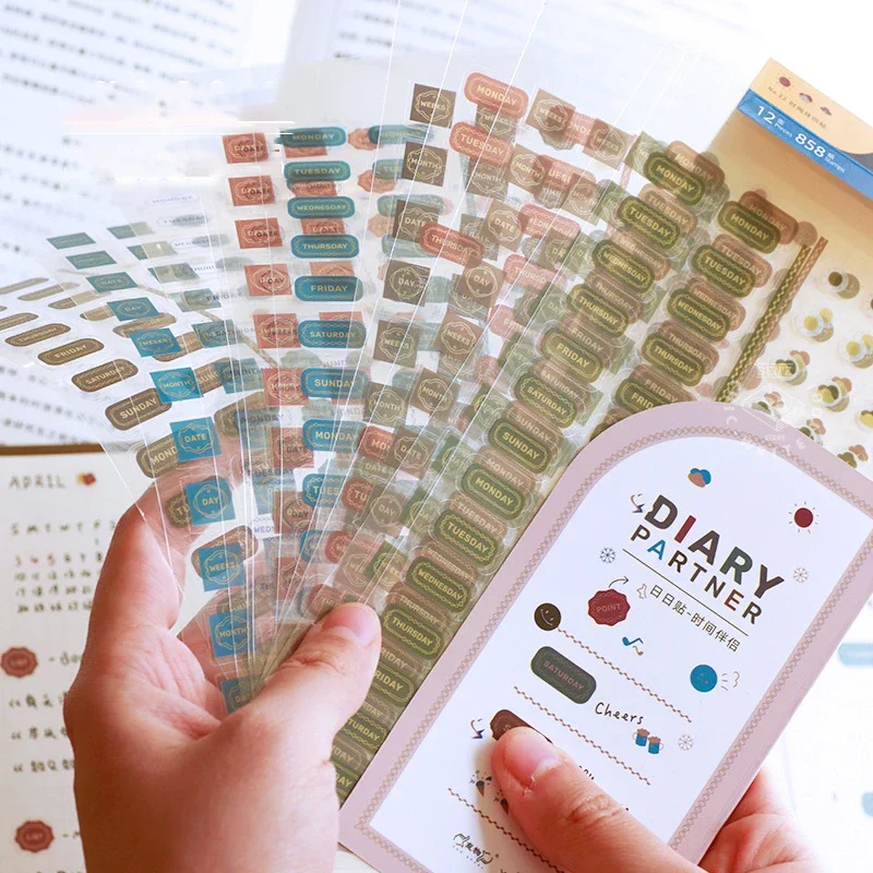 12sheets Transparent Date Weather Stickers Weekly Planner DIY Scrapbooking Journal Decorations Korean Stationery Art Supplies