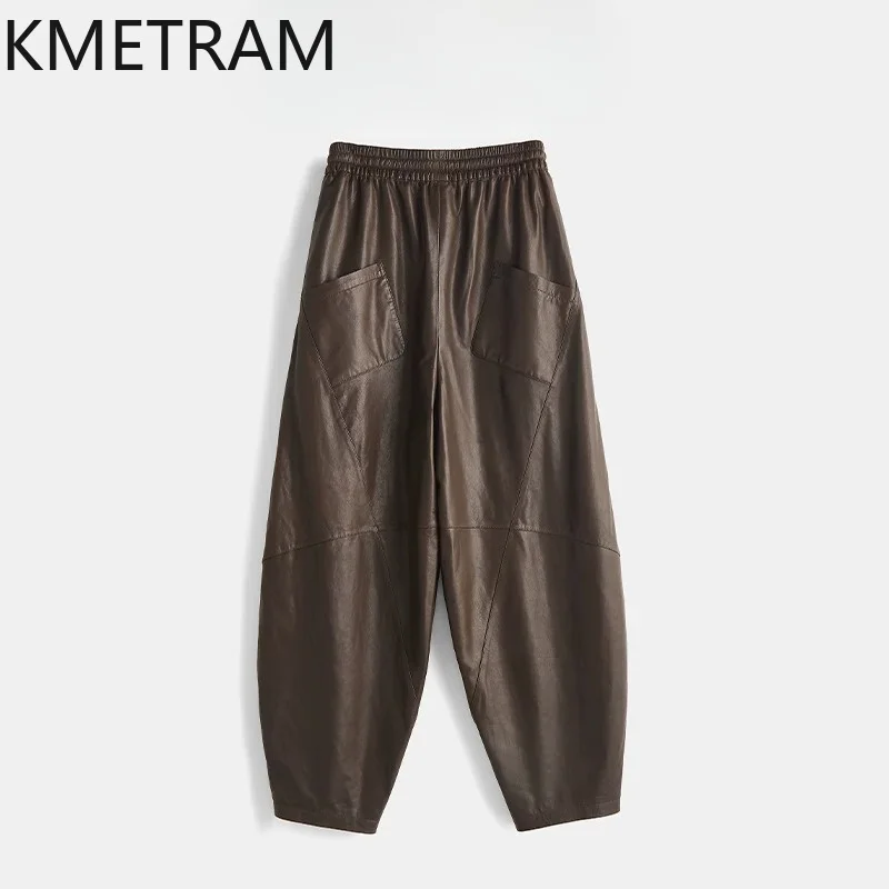 KMETRAM Genuine Leather Pants Woman Sheepskin Trousers High Waist Harem Wide Leg Pants for Woman Long 100cm Pantalon Femme 2026
