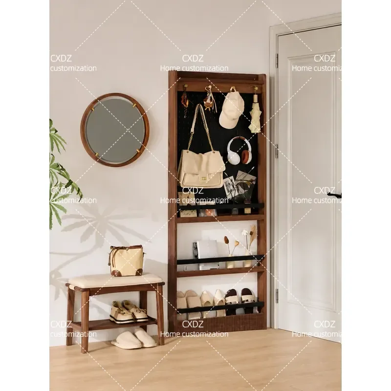 Solid Wood Rear Door Cabinet Ultra Thin Black Walnut Shelf Wall Mounted Entryway Storage Unit with Crack Hole Board Design