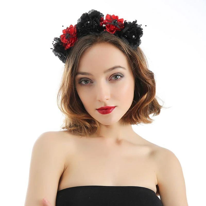 49MC Halloween Day of The Dead Headband Artificial Rose Flower Beads Hair Hoop