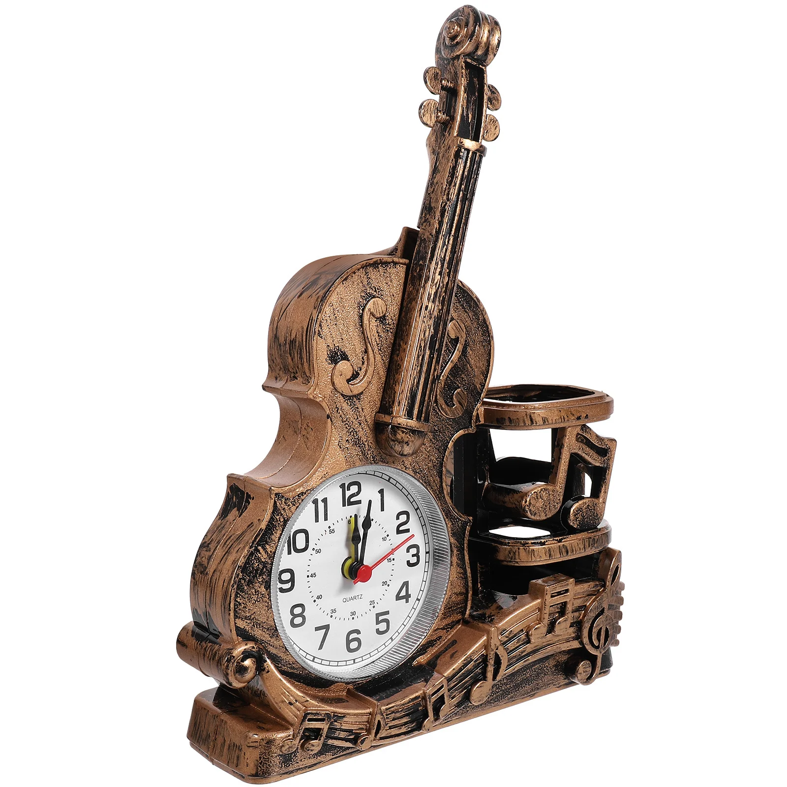 

Violin Clock With Pen Holder Desktop Decorative Organizer Home Office Study Room Household Simulated Lifelike Table Clock
