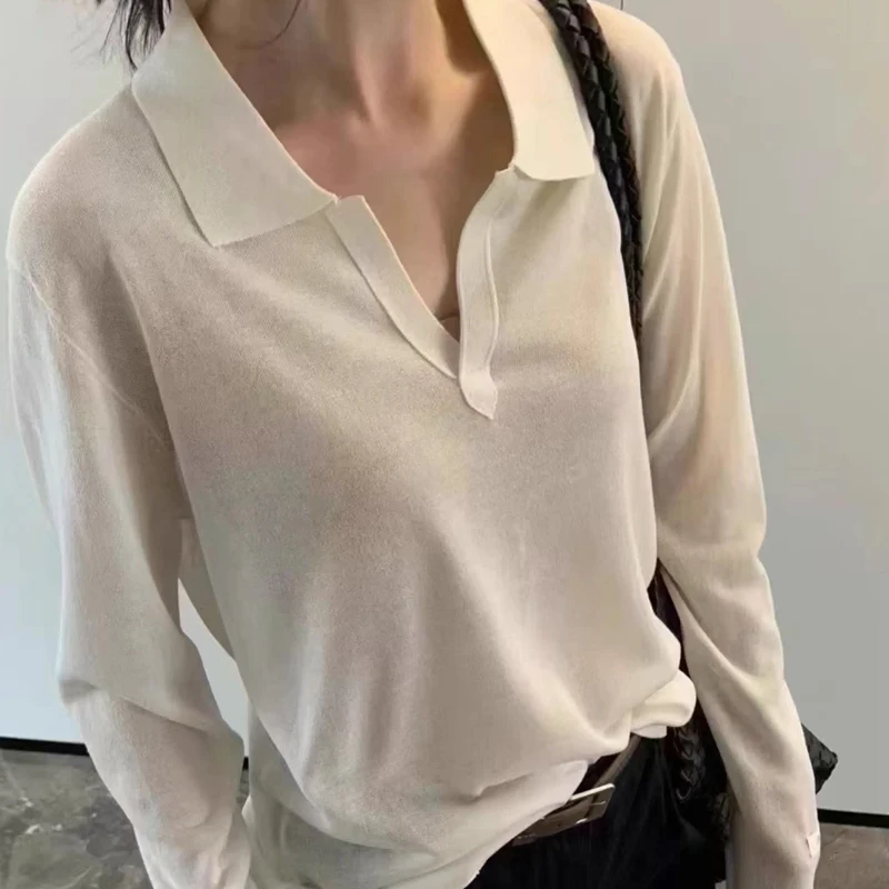 Maglione con risvolto temperamento coreano Autunno donna tinta unita manica lunga sciolto versatile top lavorato a maglia