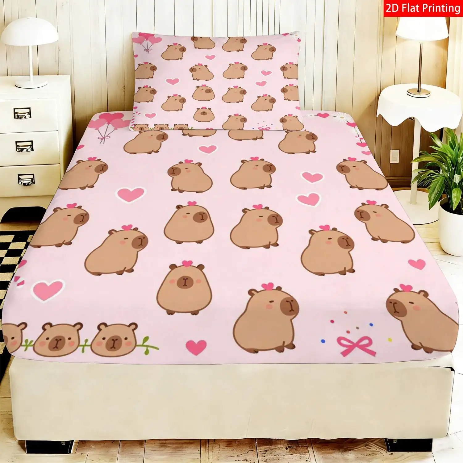 3-Piece Mattress Protector Set, 2D Flat Printed Fitted Sheet, Cute Animal Design Bedding, Capybara, Heart, and Balloon Patterns, Home Bedroom Decoration, Holiday-Themed Fitted Sheet and Pillowcase, Mattress Protector, Stain-Resistant, Mattress Cover, Suitable for All Seasons, Machine Washable, Easy to Care For, Universal for Home Bedrooms, Essential for Dorms and Rentals, Master Bedroom and Guest Room Decoration, Dust-Proof and Stain-Resistant, High Elasticity, Fits Various Sizes