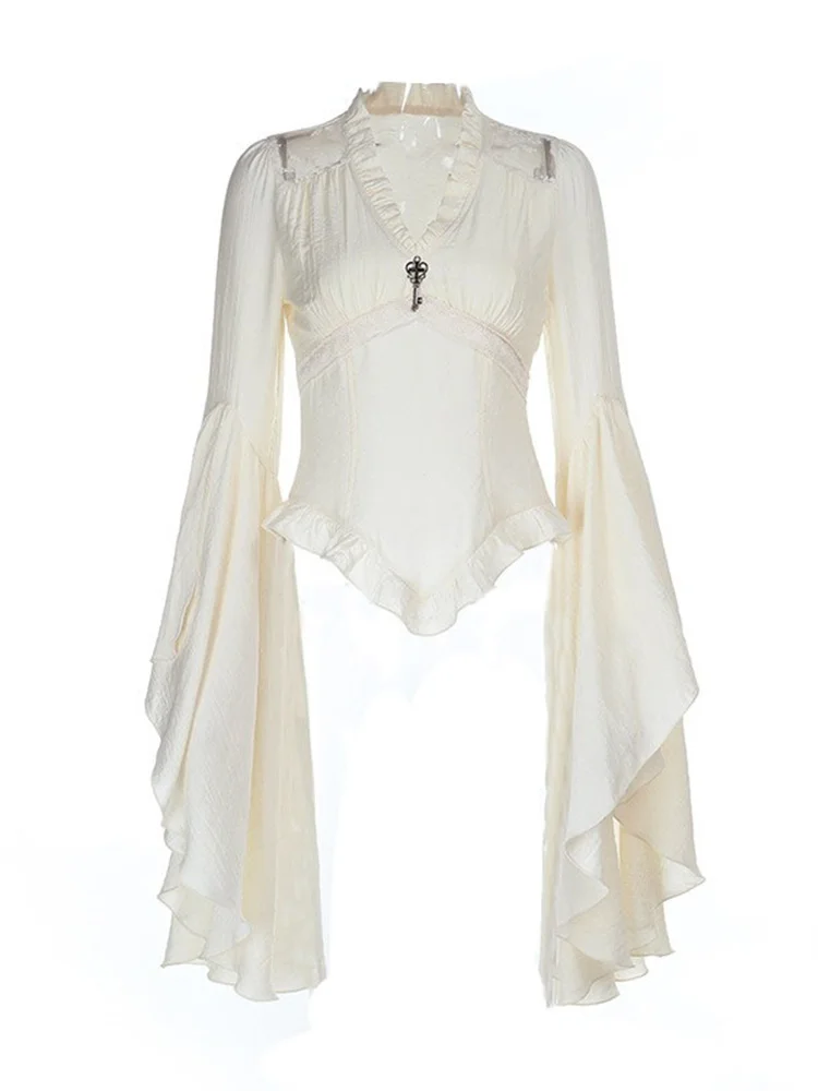 

Gothic Grunge Cosplay Vintage Blouses Shirts Women Batwing Sleeve Mall Solid V-Neck Shirts Tops Embellished Halloween Clothes