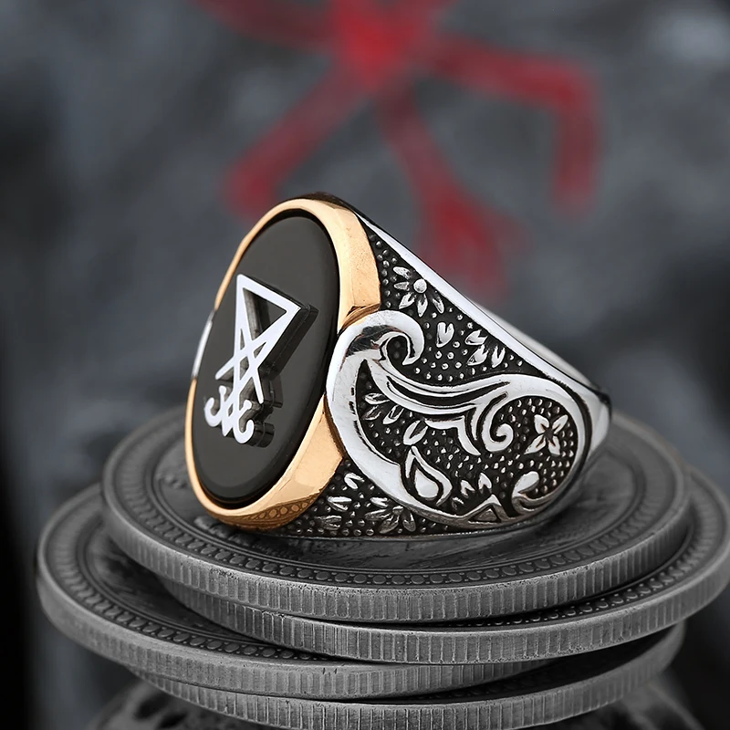 Dropshipping Vintage Sigil Lucifer Rock Ring 316L Stainless Steel Seal of Satan Stone Rings for Men Male Punk Rock Jewelry