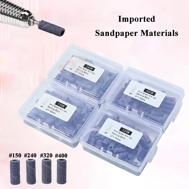 50 個 3 ミリメートルミニサンディングバンドセットネイルドリルビットマンドレル電気マニキュアアクセサリーツール角質リムーバー # 240 # 320 # 400グリット