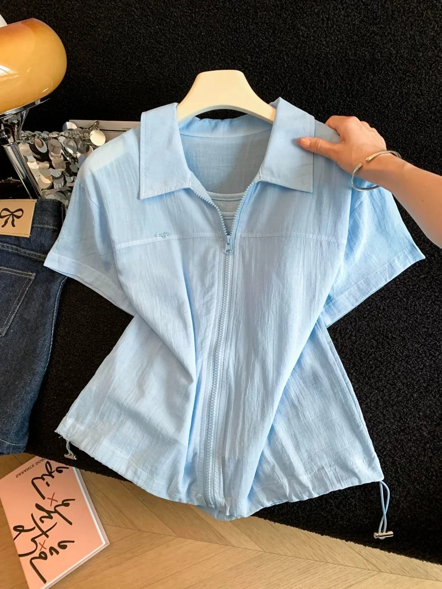 

Blue Sun Protection Neck Short Sleeve Women's Shirt Summer Tank Top Two-Piece Set Loose Fit Casual Wear Lightweight