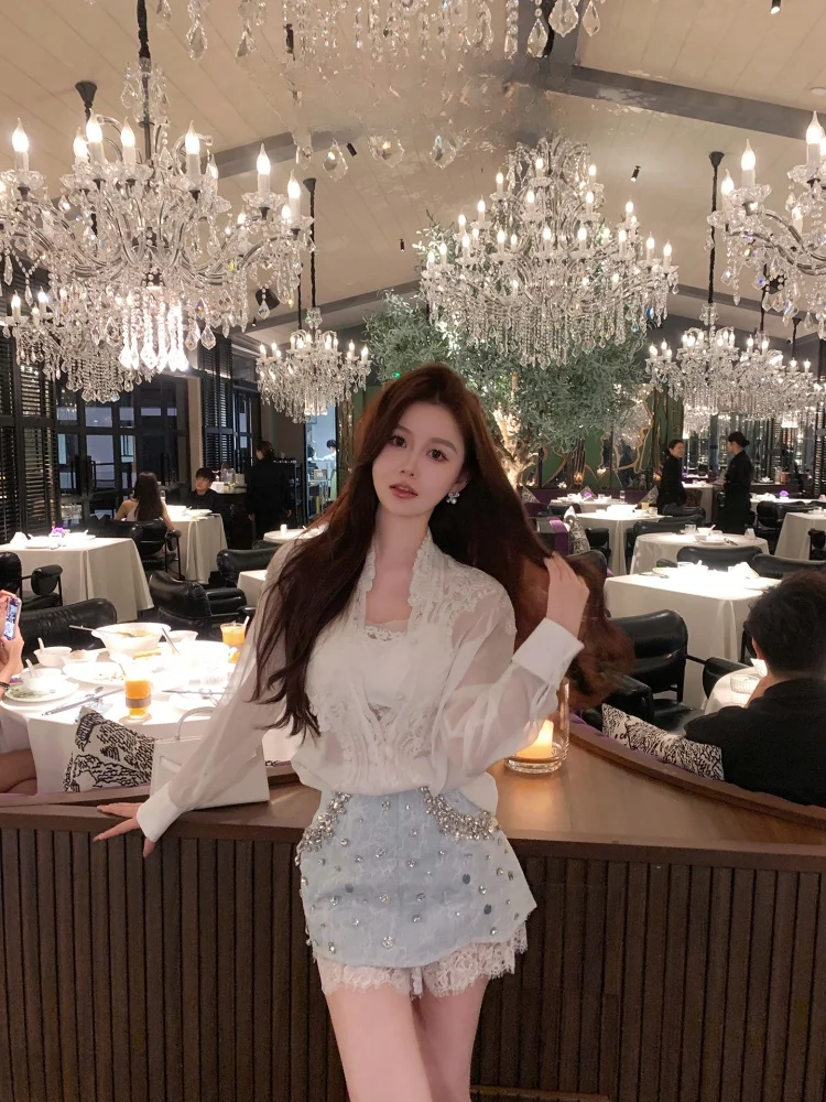 

AZZHEN Hand Embroidered Design Sensual Micro Lace Chiffon irt Women Commute Sle Slim Fit Long Sve Breathable Skin-Frie...