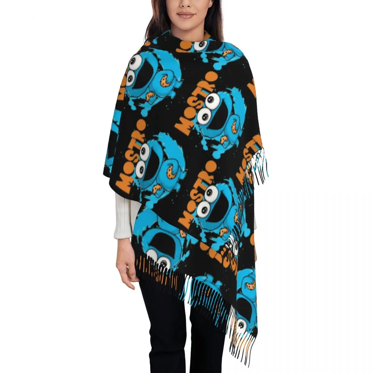 

Изготовленный на заказ шарф Cookie Monster Television Programs, женский длинный зимний теплый шарф с кисточками, шарфы унисекс