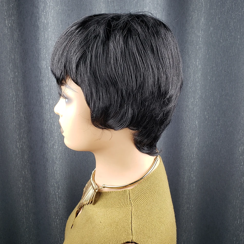 4インチショートストレートピクシーカットウィッグ、ブラジル産レミー人毛100%、前髪付き、黒人女性用、フルマシンメイド、デイリーウェアウィッグ