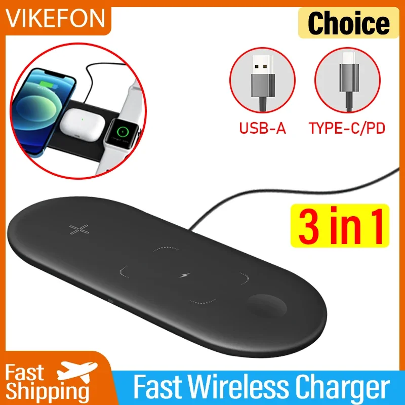 Portable 3 in 1 Wireless Charger Pad USB C PD Fast Charging Station For iPhone 15 14 13 12 Pro Max Apple Watch SE 9 8 7 Airpods