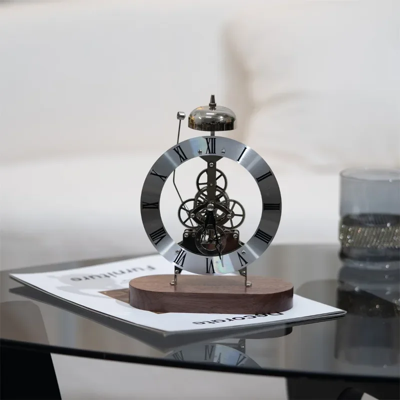 

Luxury Black Walnut Solid Wood Base Creativity Light Seat Clock Perspective Mechanical Movement Study Living Room Table Clock