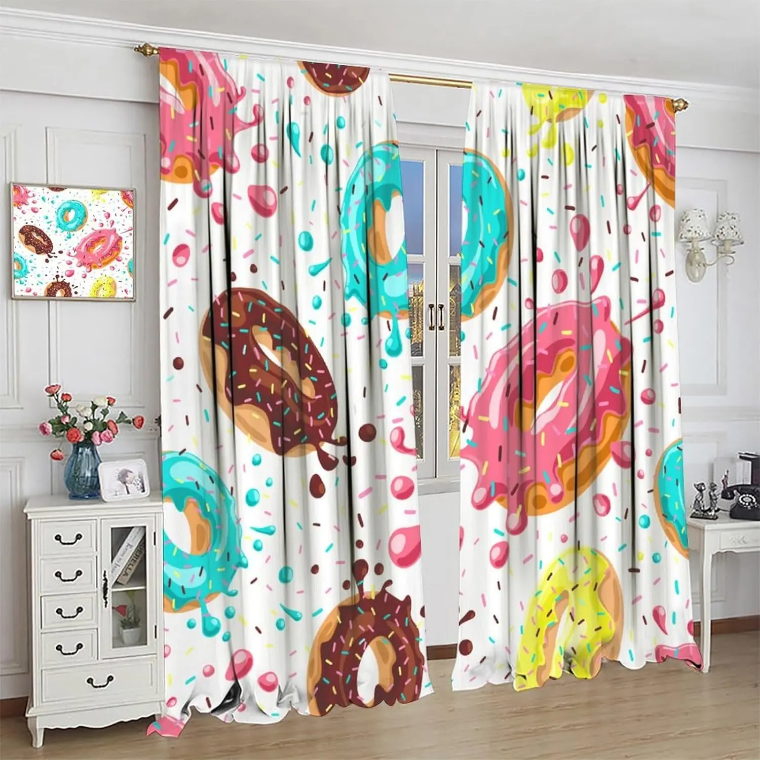 Delicious Dessert Curtains Donuts Pink Chocolate Lemon Blue Mint Colored Cream Accents Hand Painted Art Window Drapes for Kids