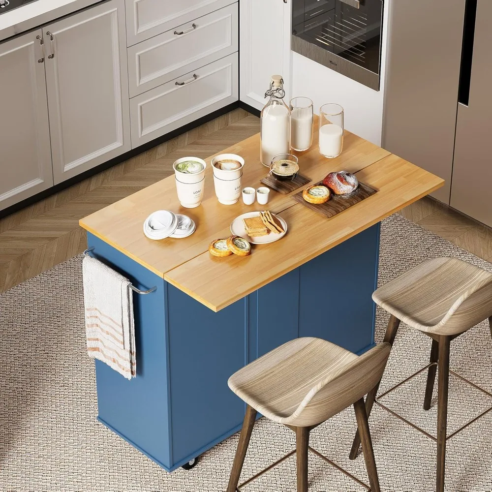 

Rolling Kitchen Island Cart with Folding Flip Plate Breakfast Bar, Portable Cart Island with Large Storage Cabinet, Blue