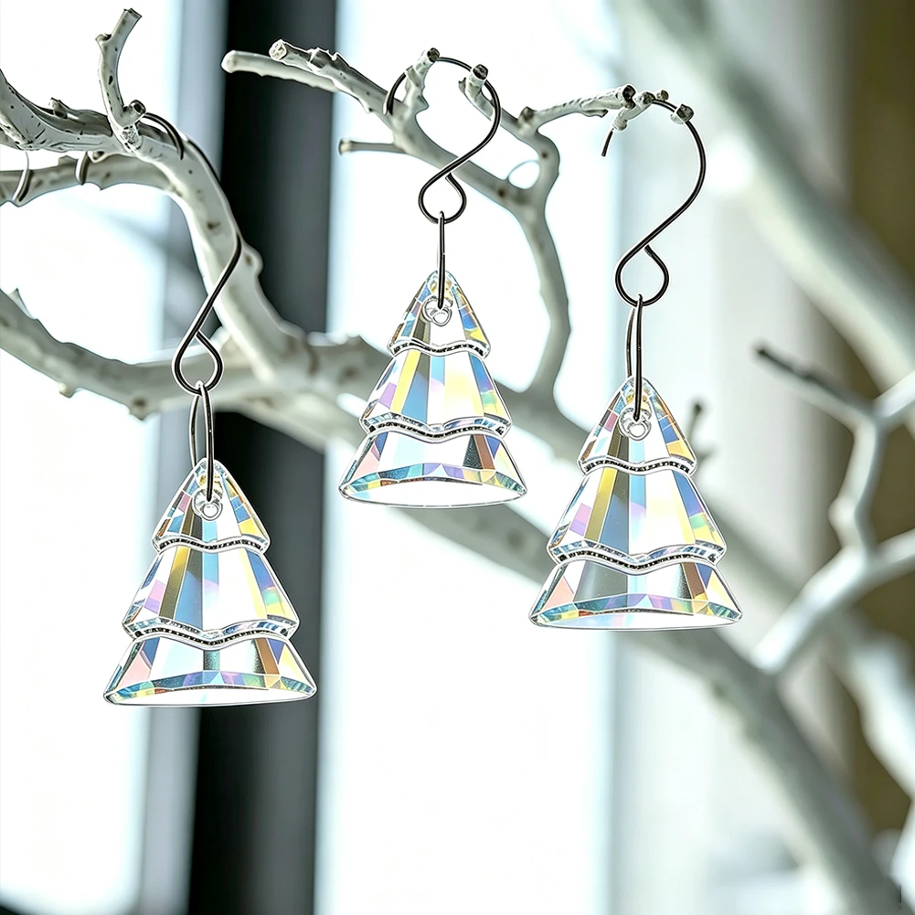 D9 20PCS Crystal Glass Beads Christmas Tree Shape Loose Spacer Bead Suncatcher Making Shiny Xmas Garland Decor Keychain Pendant