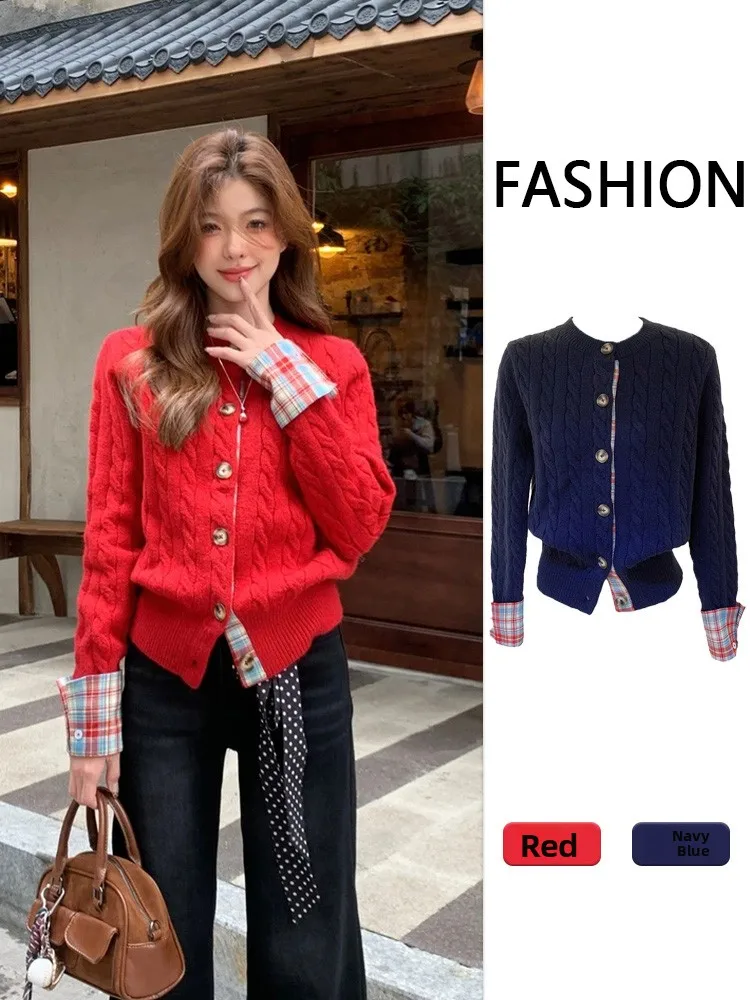 

Красный вязаный свитер-пальто с контрастными вставками, женский, в стиле оверсайз, новогодняя коллекция 2026, новинка весеннего сезона, свободный крой, длинный рукав