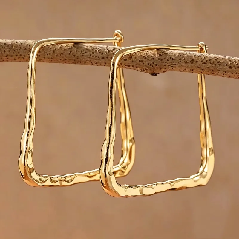 Classic Hand Carved Geometry Square Hoops Women's Earrings Golden Color Metal Anniversary Gift Jewelry