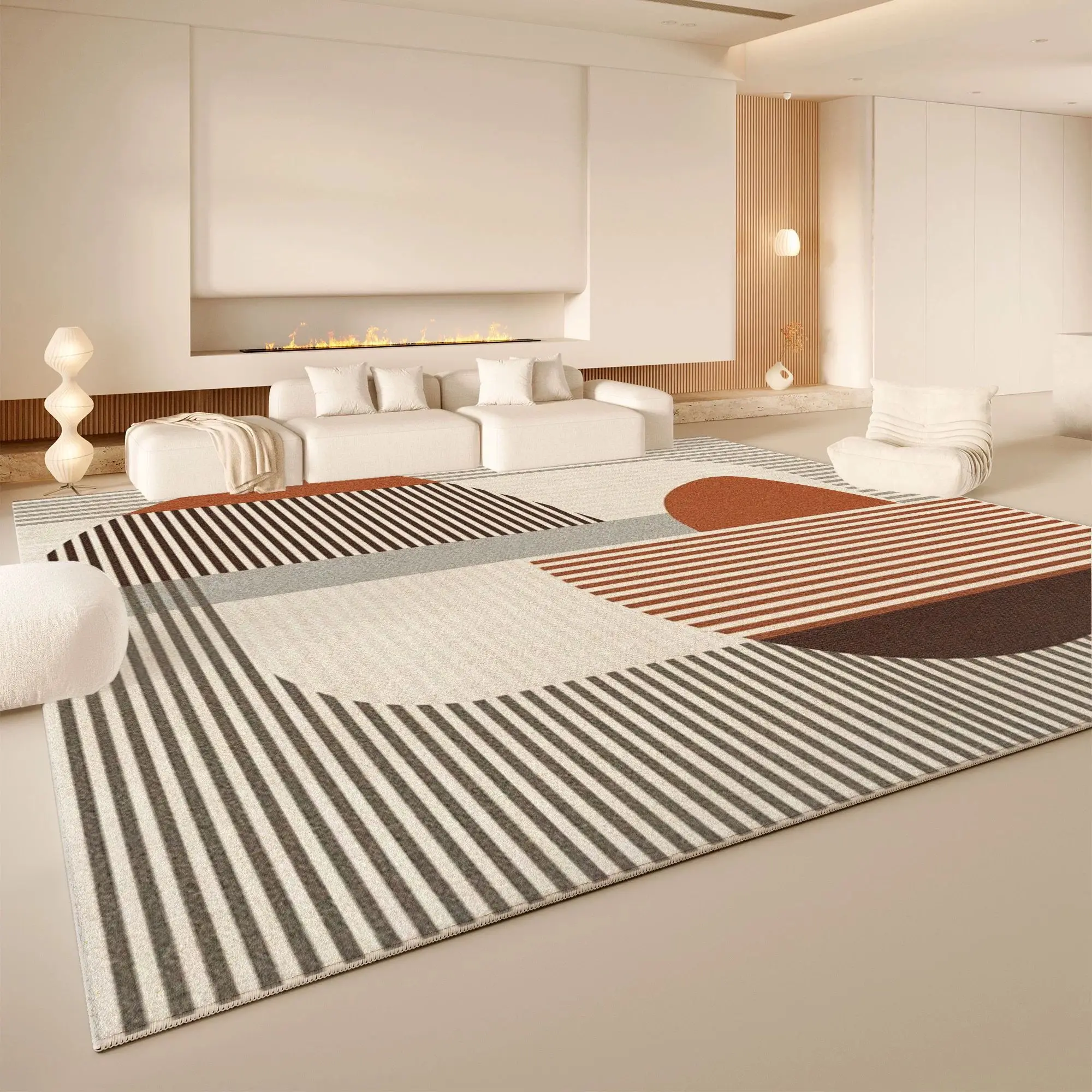 VIKAMA Embossed Curved Line Texture Area Rug Non Slip Washable Large Living Room Carpet Cream Neutral Minimalist Home Decor Rug