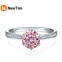 NeeTim 1ct 6.5mm Red Blue Pink Yellow Green Purple Black Moissanite Ring Sterling 925 Silver Wedding Party Band for Women Gifts