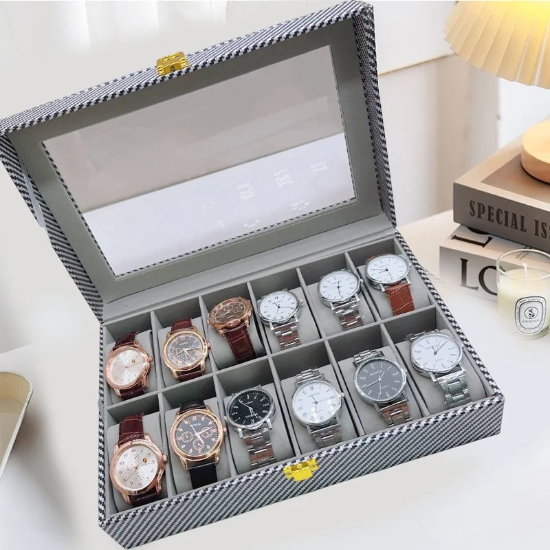 Fashion Style 3/6/10/12 Positions Carbon Fiber Pattern Display Jewelry Storage Case Box Watch Storage Case