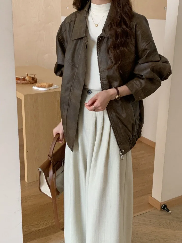 

Fashion Women's Jacket Brown Women's Faux Jacket Leather Trench Coat for Women Luxury Women's Moto Biker Zipper Jacket Outerwear