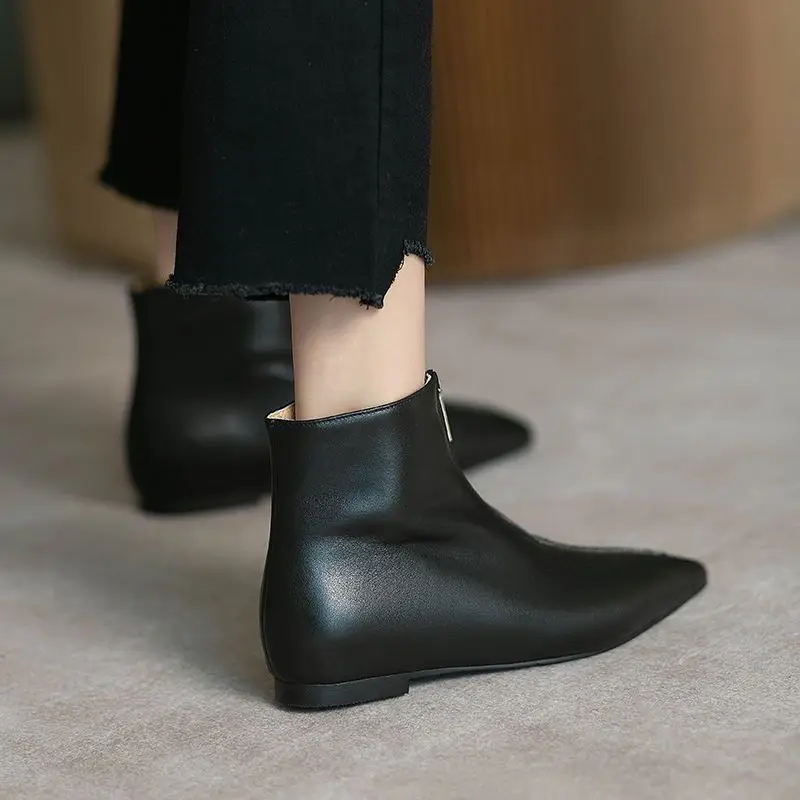 Leather Flat Short Shoes For Women Work Booties Black Footwear Female Ankle Boots Pointed Toe On Promotion Sale Comfortable P