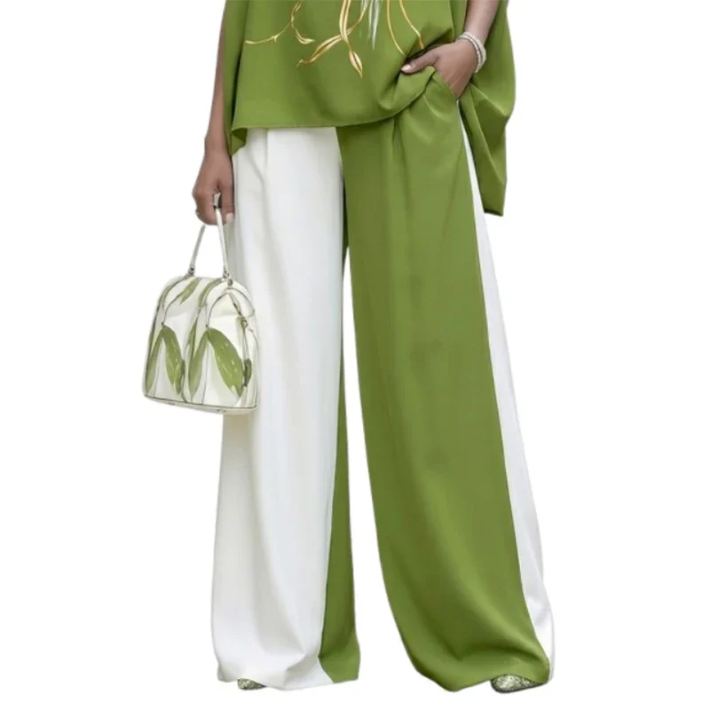 UOOZEE Women's Trendy White Green Contrast Color Wide Leg Matching Pants 2026 New Elastic Waist Casual Palazzo Trousers Bottoms