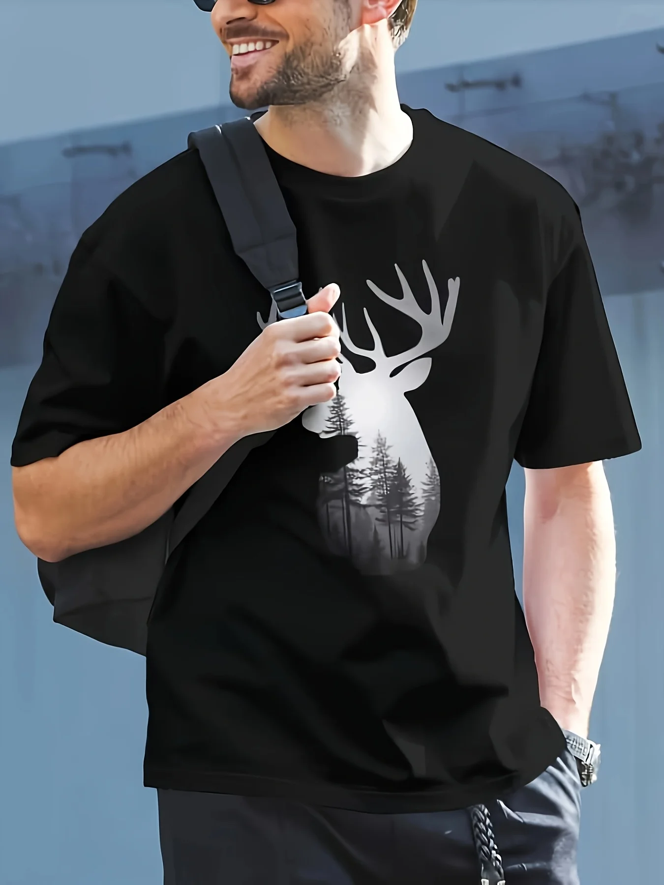Men's Black Buck Deer Forest Print Graphic T‑Shirt Regular Fit Round Neck Short Sleeve Casual Tee for Deer Hunting Plus Size
