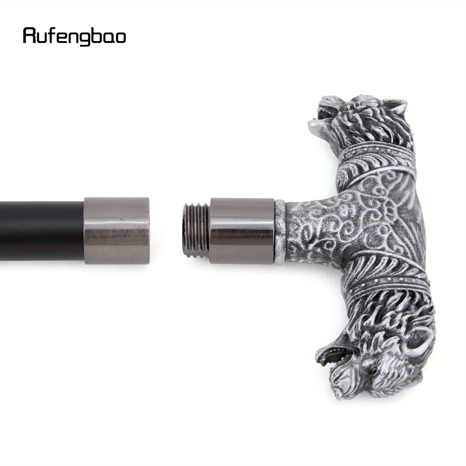 Silver Resin Wolf Double Head Walking Cane Fashion Steel Stick Elegant Cosplay Cane Knob Crosier Performance Stage Cane 92cm