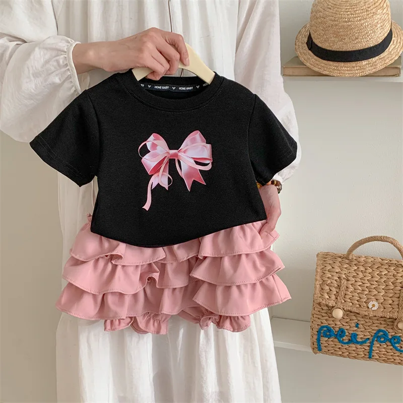 

Tiktok Girl's Suit2024Summer Children's Cake Dress BowTT-shirt Two-Piece Suit Spot Children's Clothing Fashion