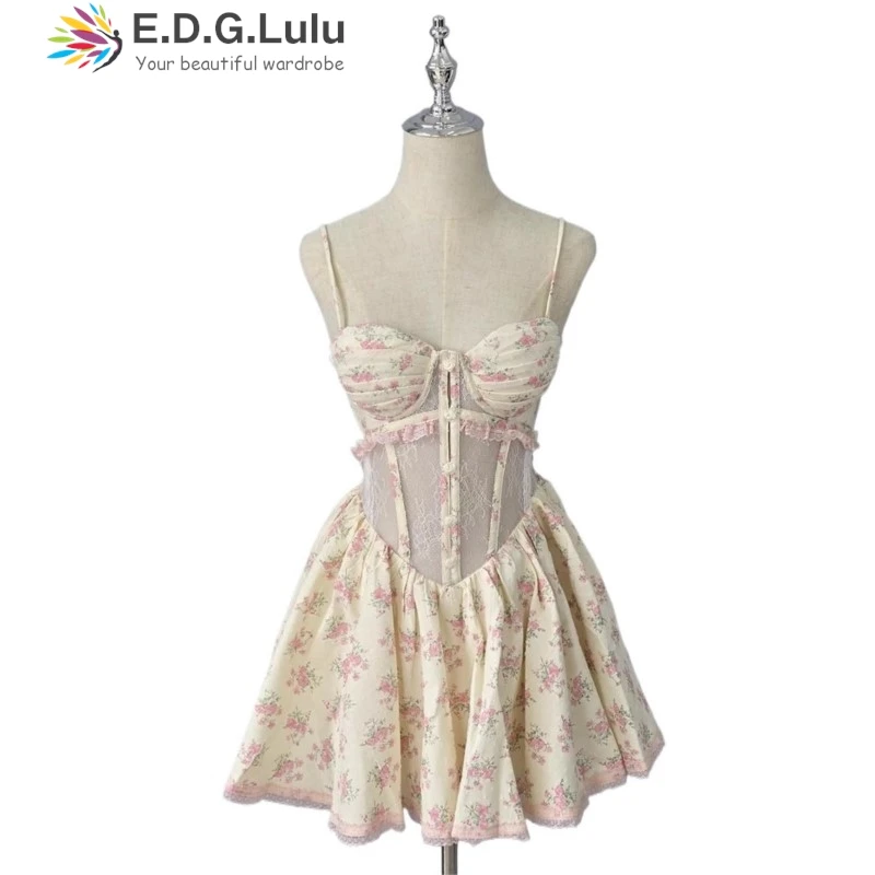 EDGLuLu Seksowne Stroje Damskie Sukienki Mini na Imprezę z Wysokim Stanem, Prześwitujące, z Koronkowymi Wstawkami i Kwiatowym Wzorem, Słodkie, Codzienne, Wakacyjne 0616