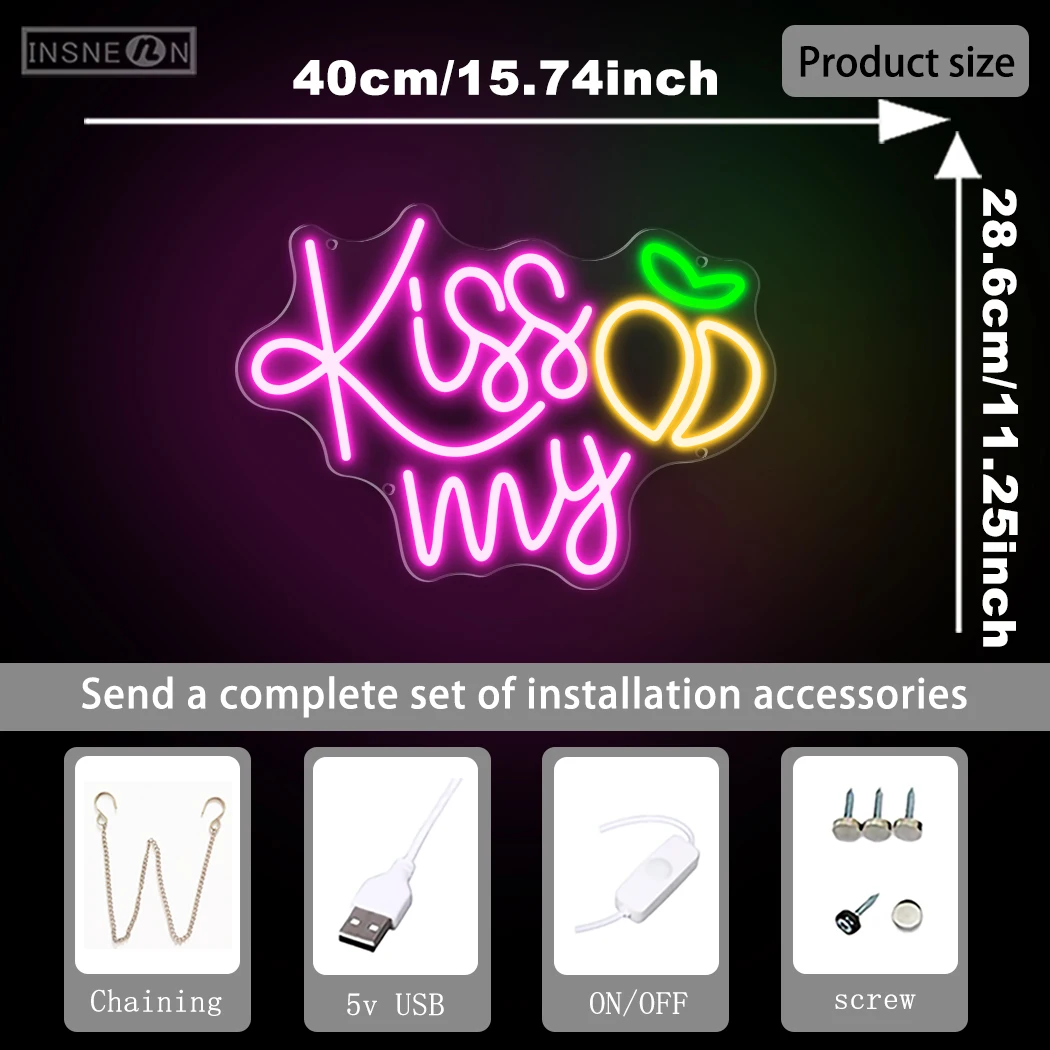 Kiss My Peach Neon Sign USB Powered Multicolor LED for Game Rooms Bars Hotels Bedrooms Store Club Garage Weddings Birthdays Lamp