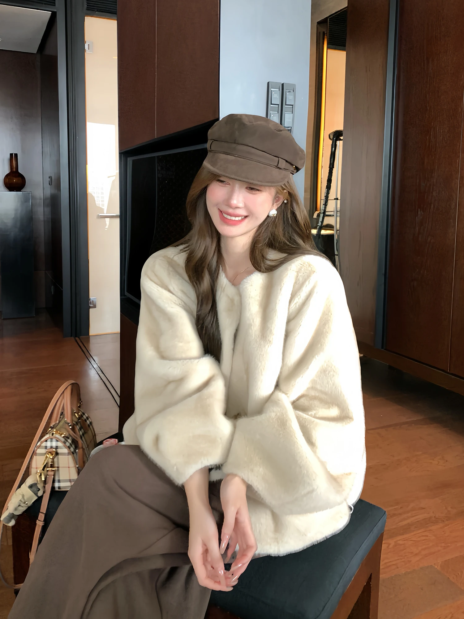 

LM Vintage Sle ort Fur Coat Women's Eco-friendly Mink Leather Jaet Autumn Winter Warm Windproof Whole Skin Coat