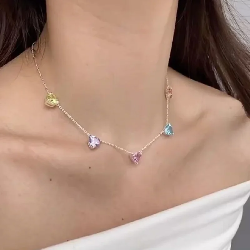 Pastel Colorful Women\'s Choker Necklace with 5 PCS Big Heart Shaped Birthstone Stones