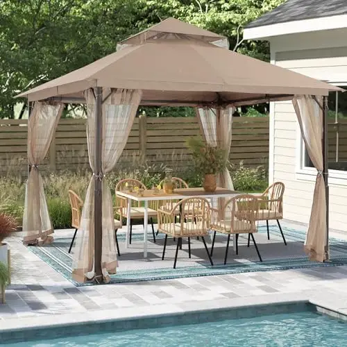 Heavy Duty Patio Gazebo Easy Fixed Steel Gazebo with Fade-Resistant Canopy & Rust-Resistant Frame, 11x11 ft, Khaki