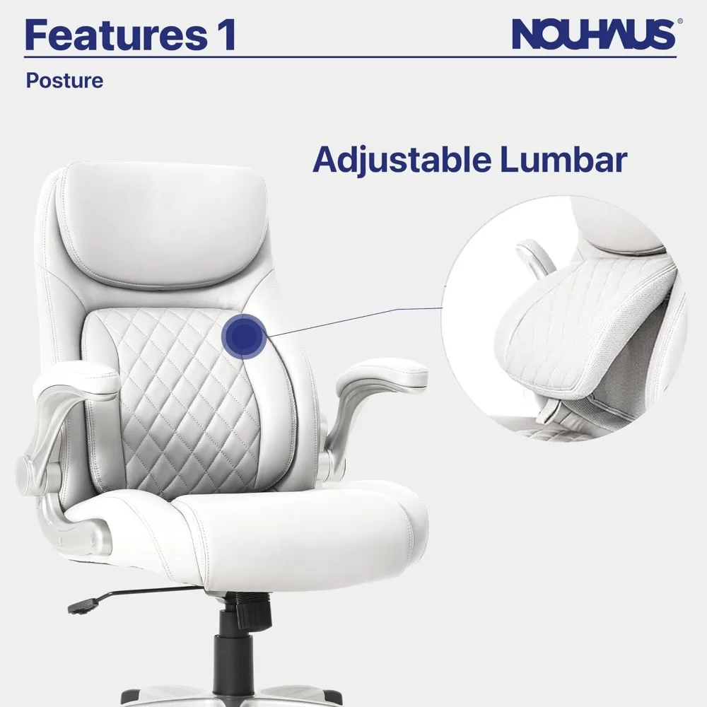 Ergonomic PU leather office chair, waist support, Modern executive chair with armrests and computer desk Chair (white)