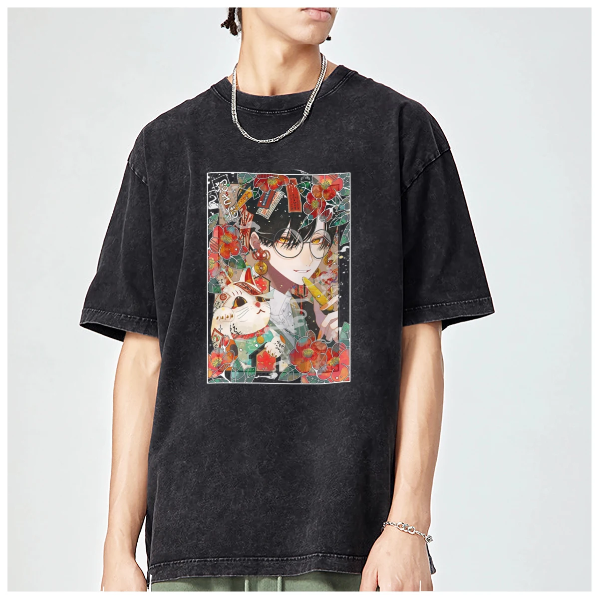 Tokyo Beautiful Boys Art Nail Fox Mask Sakura Koi Oversized Printed Tshirt mens t-shirt Fashion Casual Vintage Washed Cotton y2k