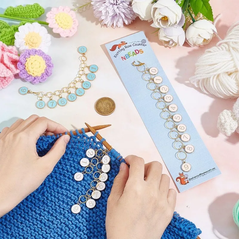 2 Pcs 0-9 Enamel Number Knitting Row Counter Chains Alloy Stitch Markers Row Counting Accessories for Knitting Crochet Tracking