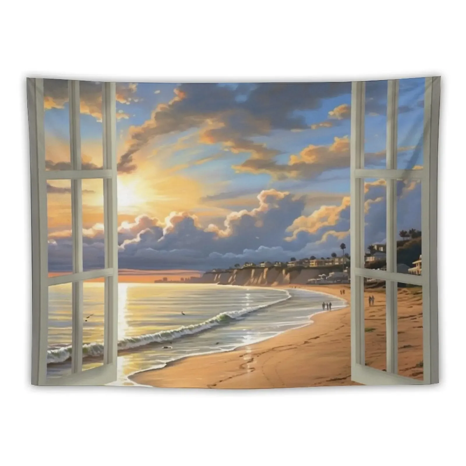 Window view of a beach in sun rise Tapestry Decor For Room Home Decorators Christmas Decoration Tapestry