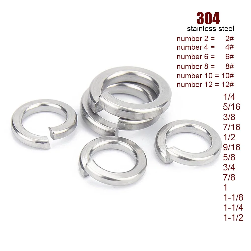 1/100pcs 2~12# 1/4 5/16 3/8 7/16 1-1/2 304 Stainless Steel US UK Standard Spring Washer Split Lock Elastic Gasket Support Custom