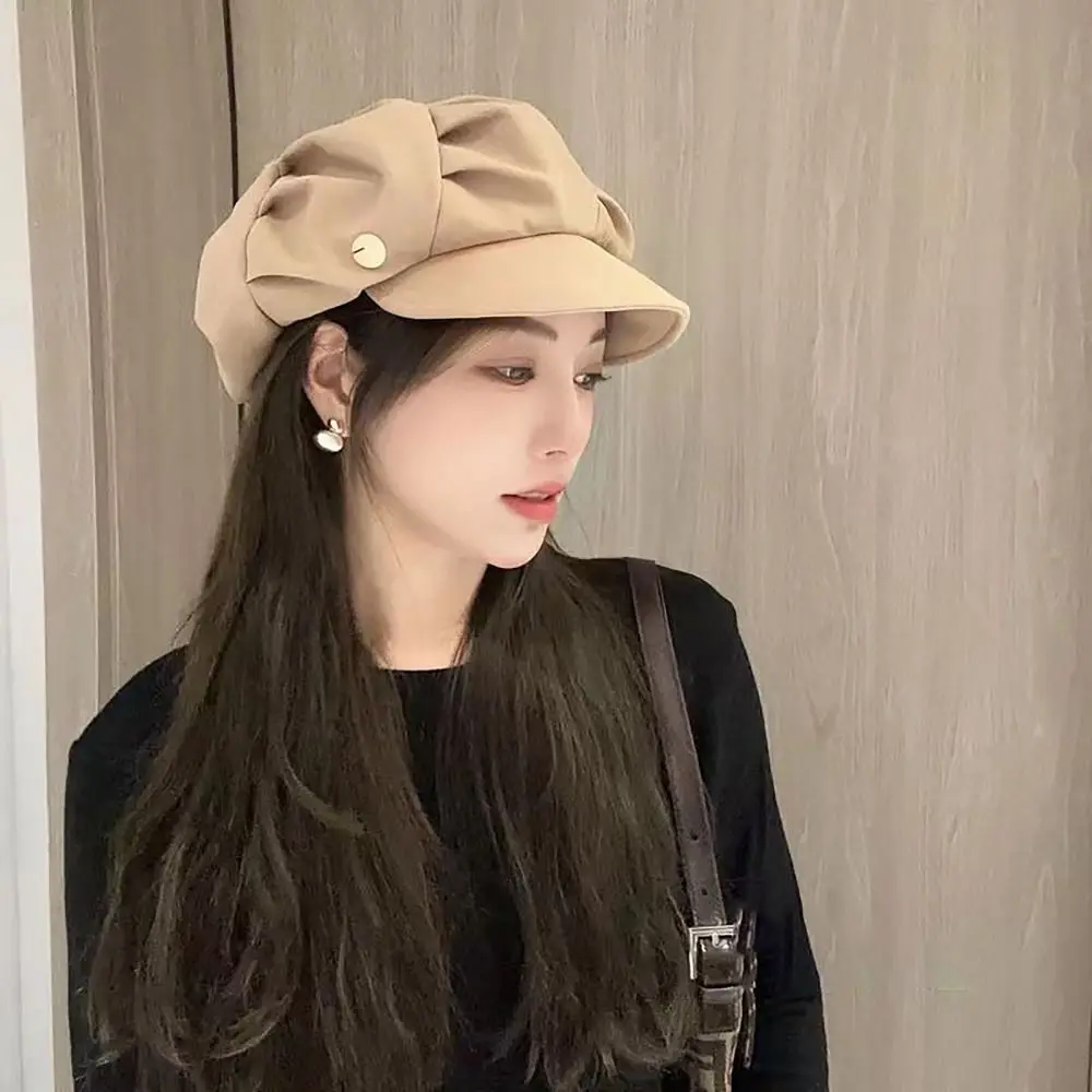 Breathable Octagonal Hat Retro Windproof Layered Vintage Newsboy Hats Solid Color Elegant Pleated Berets Women Men