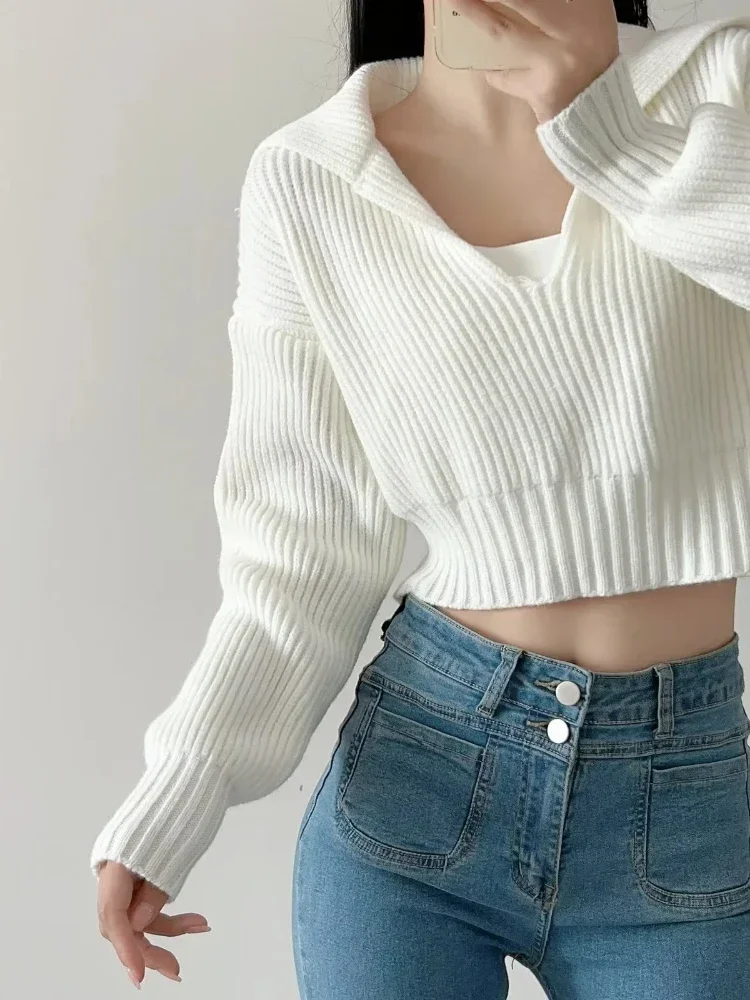 Women Turn Down Collar Sweaters Spliced Casual Pullovers Thick Loose Solid Full Sleeve Short Jumpers Elegant Lady Knit