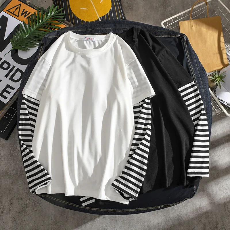 New Harajuku Black White Striped Y2K Long Sleeve Solid Color T-shirts Men Women Fall Fake Two Piece Long Sleeve Loose T-shirt