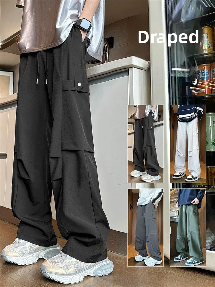 

American High Street Retro Workwear Paratrooper Pants Men Summer Ice Silk Drape Outdoor Mountain Loose Straight Leg Wide Leg ...