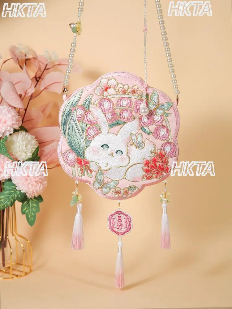 

Kawaii Cute Cartoon Embroidered Hanfu Bag Female 2026 Summer New Sweet Lolita Pearl Tassel Zipper Portable Bags Backpacks Women