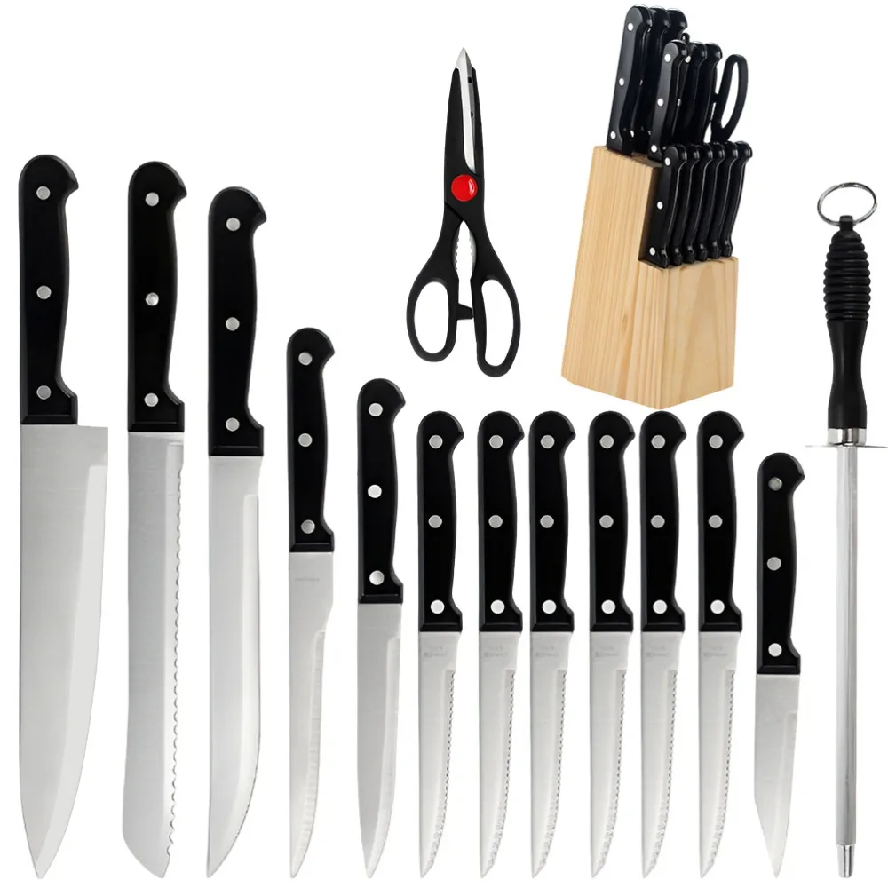 Ensemble complet de couteaux de Chef en acier inoxydable, 15 pièces, avec ciseaux, tige d'affûtage, siège de couteau en bois massif, outil de cuisine